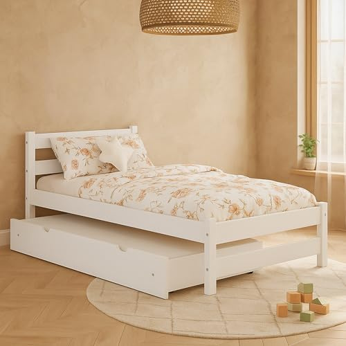 MEBLE WRÓBEL Kinderbett 90x200 cm mit Auszugbett und Lattenrost - Einzelbett aus Kiefer Massivholz - Kinder Bett Montessori - Jugendbett in Weiß - ohne Matratze