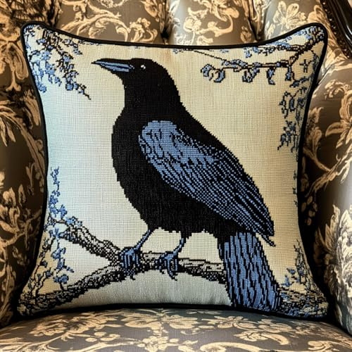 ASONGLINGO Kit de almohada con gancho de pestillo, Cuervo negro funda de almohada impresa, hilos de ganchillo, cojín de gancho,Cojines con Cierre de Gancho 43x43cm