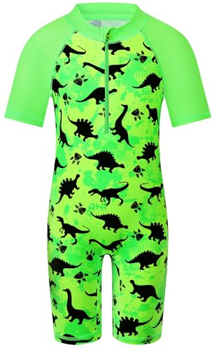 HUAANIUE Junge Kinder 1-Teiliger Badeanzug Anti-UV UPF 50+ Kinder Jungen Einteiliger Kurze Badebekleidung mit Reißverschluss 2-12 Jahre (S470-Grüner Dinosaurier, 6-7 Jahre)