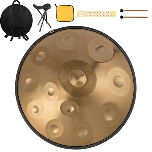 Strumento Handpan 440 Hz Re Minore 22 Pollici Tamburo in Acciaio Handpan Tamburo a Mano 9 Note 10 Note 12 Note Guarigione Sonora Per Principianti (Oro, 12Y)