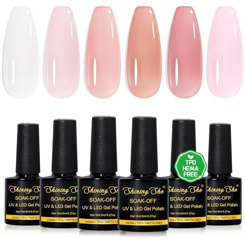 Shining She Gel Construction Ongle UV, 8 en One Builder Gel 6 couleurs Nude Rose et Clear sans TPO sans HEMA Vernis gel Soak Off UV/LED Base pour extension d'ongles Fortifiant pour ongles, 8ML