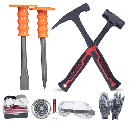 DigNew 10 Pcs Geology Rock Pick Equipment Kit,Geological Rock Pick Hammer & Octagonal Hammer Set with Chisels, Goggles, Gloves, Compass, Magnifier & Whistle for Outdoor Exploration