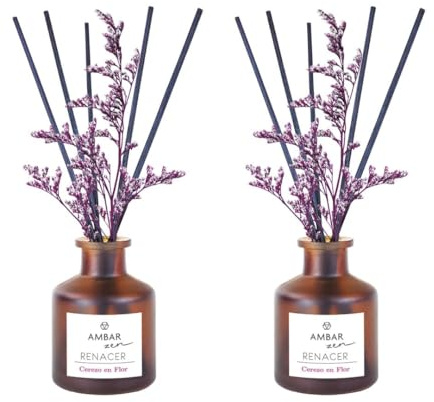 TIENDIFY - Ambientador Mikado Decorativo Ambar | 40 ml con Flor Ornamental | Difusor de Varillas para hogar Oficina y salón Ideal para Espacios Interiores (2 Unidades, Cerezo en Flor)