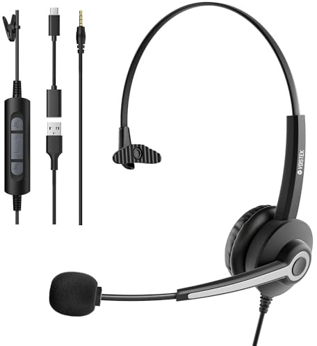 Voistek Mono Headset with Microphone for Laptop,PC Headphones with 3.5mm/USB-A/USB-C(3-in-1),Noise Cancelling Mic,In-Line Volume Control & Mute Button for Teams Zoom,Home Office,Call Centre