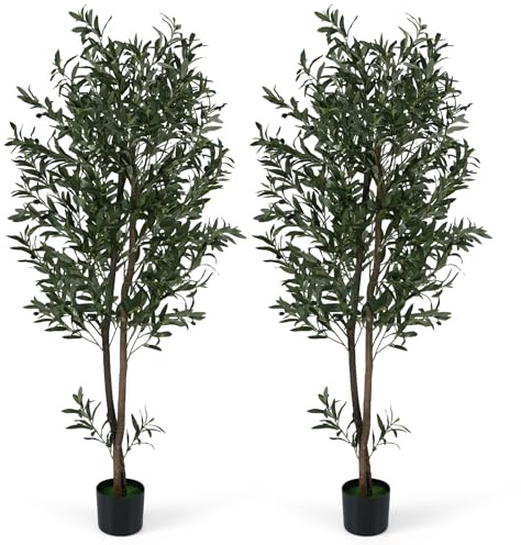 GIANTEX Juego de 1/2 Árboles Artificiales de Olivo, Planta Artificial 180 cm con Hojas, Frutos y Musgo Realistas, Tronco de PE, Árbol Decorativo para Entrada, Salón, Oficina (2)