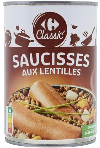 CARREFOUR CLASSIC' - Lentilles Cuisinées aux Saucisses Fumées - Plat Cuisiné - la boite de 420g - Le Lot De 4