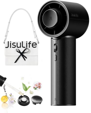 JISULIFE Ventilador de mano Pro1 Mini - Utilidad sofisticada: cuero sintético elegante, 30 horas de enfriamiento, cápsula aromática, precisión de 100 ajustes de velocidad, ventilador portátil para