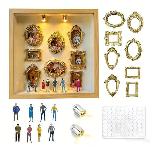 Aosyax Mini Bilderrahmen Schattenbox 25x25cm DIY Set, 3D Tiefer Bilderrahmen mit Mini Figuren Menschen Museum, Wand & Tisch Personalisierbarer Erinnerungsrahmen, Deko Geschenk, Naturholz