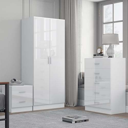 Reflect 2 Door Plain Wardrobe, 5 Drawer Tallboy Chest, 2 Drawer Bedside Table | White Gloss & Matt White Finish | Modern Bedroom Furniture Set
