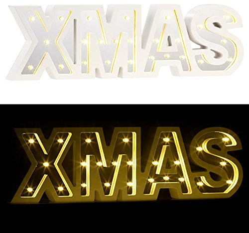 Lunartec Schriftzug beleuchtet: LED-Schriftzug Xmas aus Holz & Spiegeln mit Timer & Batteriebetrieb (Xmas beleuchtet, Weihnachten, 3D)