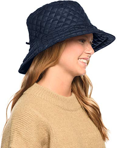 Foldable Water Repellent Quilted Rain Hat w/Adjustable Drawstring, Bucket Cap (Navy)