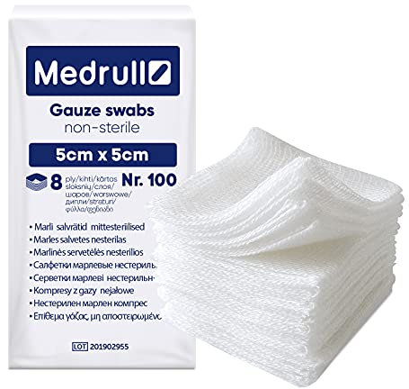 Medrull Nicht - Sterile Wundauflagen 8-lagig - Kompressen 5cm x 5cm - 100% Baumwolle, sehr weiches, saugfähige Mull - Medizinische Qualität 100er Pack