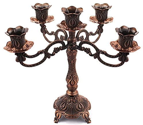 FANWNKI 5-Candle Metal Candelabra 10.3 Inch Tall Candlestick Candle Holders for Home Decor Wedding Christmas Church Halloween Party, Red Bronze Tulip