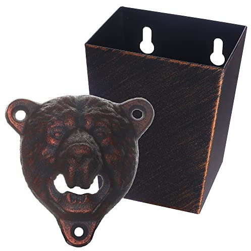 Jumiok Bear Head Cast Iron Bottle Opener Wall Mounted with Cap Catcher Narrow Bundle (Aged Copper)