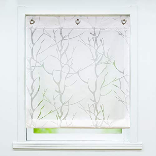 Delien Voile Raffrollo ohne Bohren mit Ösen Transparente Ausbrenner Gardine Küche Raffgardine Kurz Rolls Vorhang »Äste« Ösenrollo Schals Modern Fenster Gardinen BxH 100x140cm,Weiß