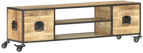 vidaXL Mangoholz Massiv TV Schrank mit 4 Rädern 2 Regalen 2 Schubladen Lowboard Fernsehschrank Fernsehtisch TV Möbel Sideboard HiFi-Schrank 130x30x39cm