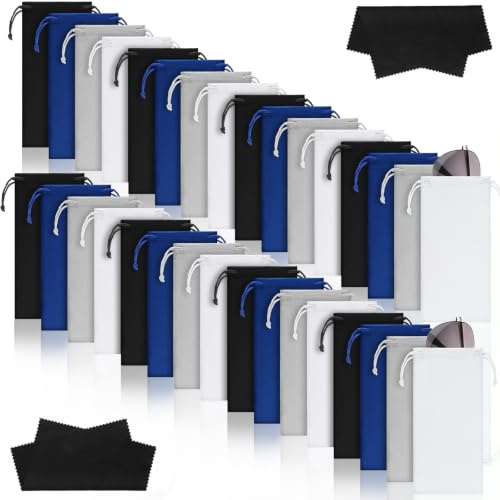 Ferraycle 100 Pcs Microfiber Pouch Case Bulk Microfiber Soft Sunglasses Pouch with 2 Eyeglass Cleaning Cloth for Storage(Black, White, Blue, Gray)