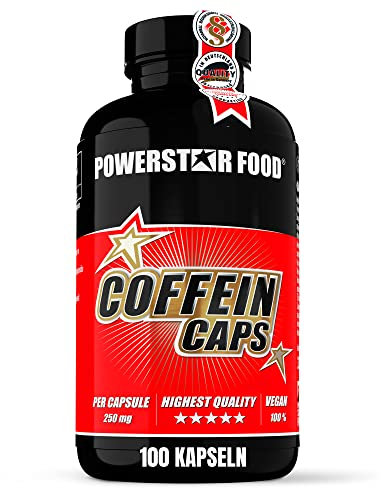 Powerstar COFFEIN CAPS | 100 Koffein-Kapseln mit je 250 mg Koffein-Pulver | 100% rein | Deutsche Herstellung | Für Fitness, Ausdauertraining, Lernen & Arbeiten | Hochdosiert, vegan & zuckerfrei