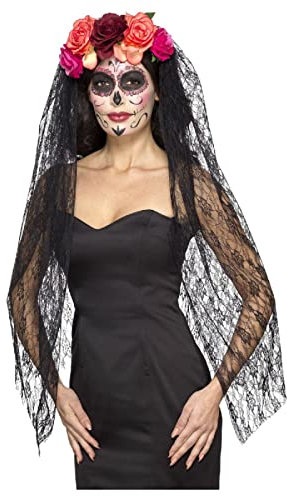 Day of the Dead Deluxe Haarreif mit langem Schleier und 5 großen Rosen Haarschmuck Gothic Fantasy Halloween