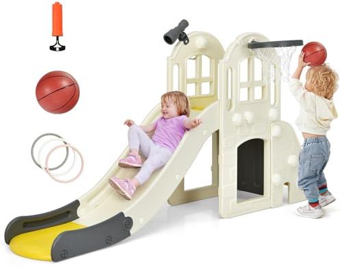 GOPLUS 6 en 1 Toboggan pour Enfants, avec Protection Haut, Pédale Détachable et Mur d’Escalade Pratique, Tunnel, Panier de Basket et Télescope Équipés