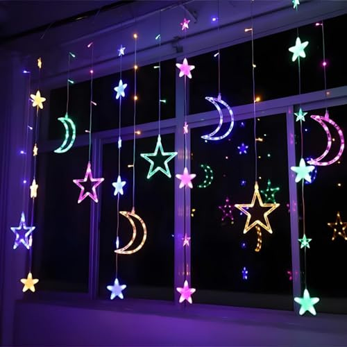 LED Lichterketten 3,5 m Stern Mond LED Vorhang Lichter Girlande Hochzeit Dekorationen für Ramadan, Weihnachten, Hochzeit, Party, Zuhause, Terrasse, Rasen (Multicolor)