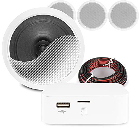 Power Dynamics BT20 Bluetooth Ceiling Speaker System - Complete Home Audio Kit with 4x CSPS6 6.5-inch Coaxial Speakers, Compact Amplifier, Built-in MP3 Player, Wireless Streaming, Easy Installation