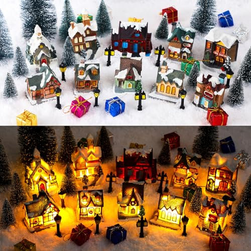 Shappy 48 Stück Weihnachtsdorfhäuser Stadtgebäude Zubehör 10 Beleuchtung Weihnachtsdorfhaus 12 Mini-Weihnachtsbäume 12 Lampen LED-Lichter 2 Schneedecke 12 Geschenkbox für DIY Handwerk Heimdekoration