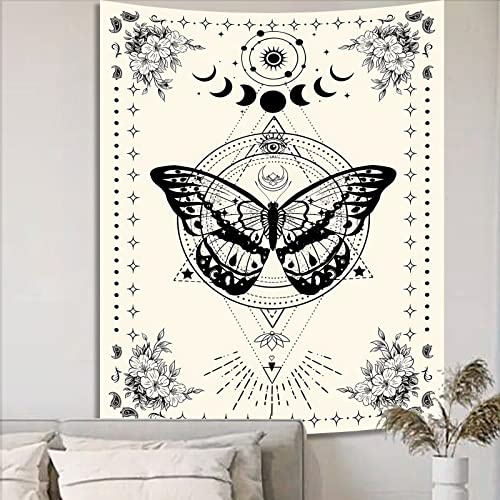 Avinyl Schwarz-weißer Schmetterling-Wandteppich, Vintage-Blume, großer Mond, Wandbehang, niedliche Natur-Luo-Pflanze, Wanddekoration für Wohnzimmer, Wohnheim, 152,4 x 200,7 cm