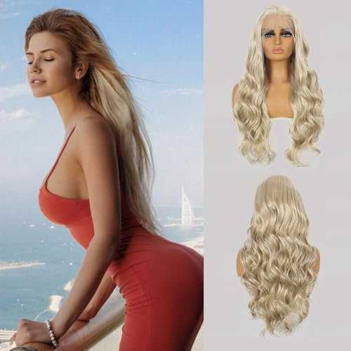 Salomezklm Blonde Perücke Ombre Blonde Lace Front Perücke für Frauen, Lange Gewellte Lockige Synthetische Lace Front Blond Perücken mit Vorgezupftem 24 Zoll