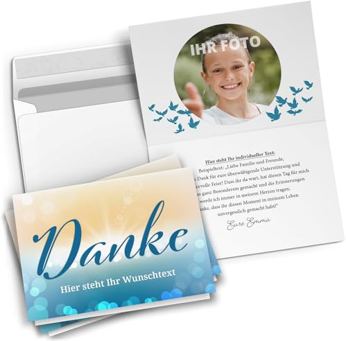 10 personalisierte Dankeskarten mit Text & Foto Danke Modern Gelb Blau | Dankeskarte Kommunion Konfirmation Taufe Jugendweihe Hochzeit kirchlich mit Umschlägen