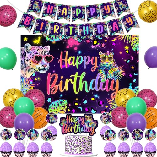 Cheereveal Rainbow Cheetah Birthday Decorations for Boys Girls - Leopard Print Happy Birthday Backdrop, Cheetah Wild Cake Cupcake Toppers, Jungle Safari Animal Theme Party Supplies