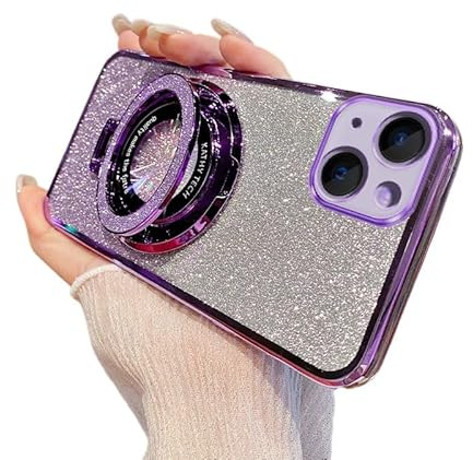 IMEIKONST Glitter Case for iPhone 14 Plus, Electroplate Flash Shell for Girls Women Ring Stand Function Camera Protector Shockproof Transparent TPU Cover for iPhone 14 Plus. Purple DS1