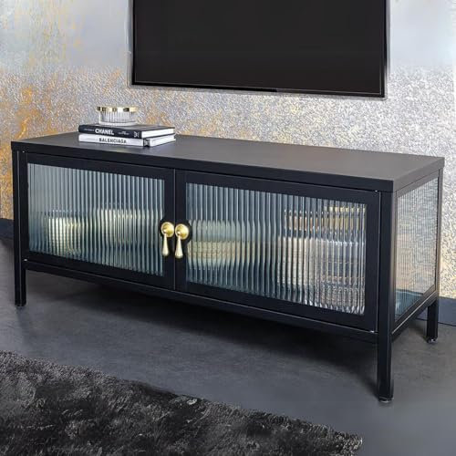 LEBENSwohnART Modernes TV-Lowboard TRIADO 90cm schwarz Metall Riffelglas Vitrine Schrank