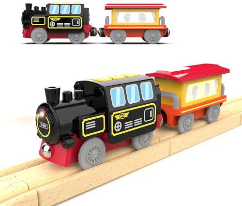 Battery Operated Locomotive Train Toy for Wooden Tracks, Motorized Trains for Toddlers, Train Accessories Compatible with Thomas, Brio, Chuggington, Melissa and Doug