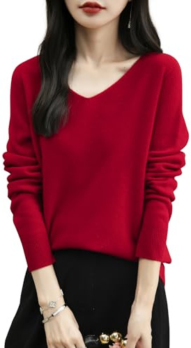 Chanyarn Maglione da Donna 100% Lana Merino con Scollo a V 2025 Casual a Maniche Lunghe Senza Cuciture Maglia Maglione (Red,M)