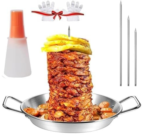 XESJKOMM Gyro-Pfanne mit Spieß, Gyro-Pfanne mit Spieß for den Ofen, Gyro-Kochplatte, Gyro-Fleischpfanne, vertikaler Spieß, vertikale Spießpfanne aus Edelstahl, for Grillen (Color : C, Size : 13in)