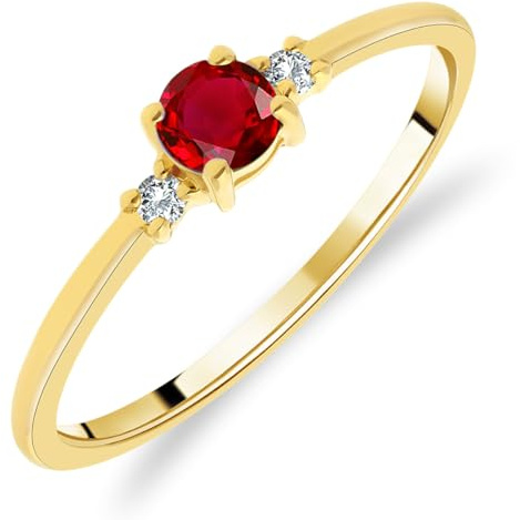 Planetys - Solitärring für Damen aus Gelbgold 375/1000, mit natürlichem Rubin, runder Schliff und Diamanten, 58 (18.5), Metall, Rubin