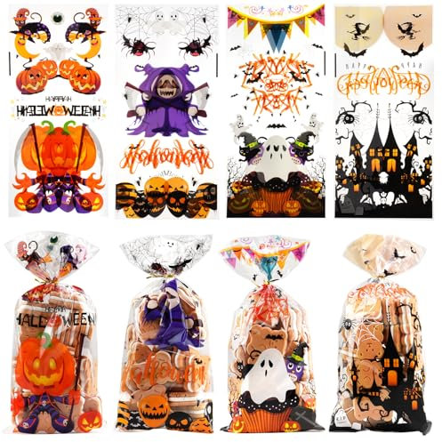 120 Stück Halloween Geschenktüten, Cellophantüten mit Twist-Verschluss, Süßigkeitentüten, Kleine Tüten für Süßigkeiten, Popcorn und Plätzchen, Ideal zum Befüllen von Keksen und Pralinen