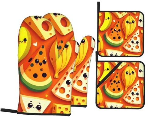 4Pcs Bbq Cooking Set Cheese Banana Watermelon Quilted Gloves Premium Microwave Gloves Thicken Long Microwave Mitts For Grilling, Oven, Grill