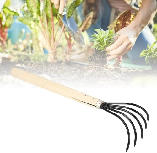 Râteau à Main de Jardin, Conception Ergonomique, Cultivateur à Griffes, 5 Dents en Acier, Manche en Bois, Labourage, Ameublissement du Sol (Longue poignée)