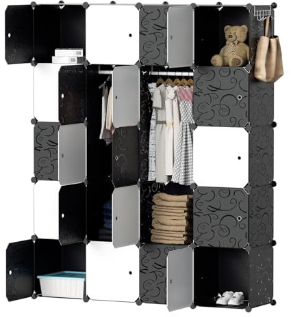 Gimisgu DIY Kleiderschrank Regalsystem 20 Würfel Garderobe Kleiderschrank Offen Kunststoff Garderobe mit Türen Garderobenschrank mit Kleiderbügel & Kleiderhaken(Schwarz und Weiß 175x140x35CM)