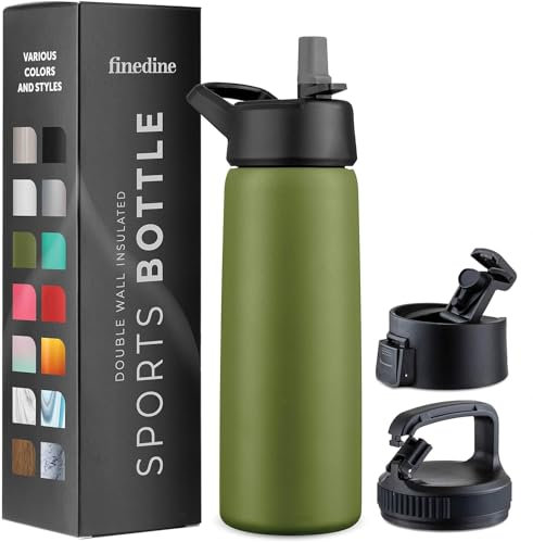 750ml Triple Walled, Insulated Water Bottles with Straw - Stainless Steel Metal Bottle W/ 3 Leak Proof Lids - For Travel, School, Sports, Gym/Men, Women (Army Green)