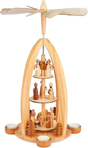 BRUBAKER Weihnachtspyramide aus Holz - Engel, Jesus, Maria, Josef und Könige - 44 cm große Teelichtpyramide für Weihnachten - drehbare Tischpyramide für 4 Pyramiden-Teelichter - Handbemalt - Braun