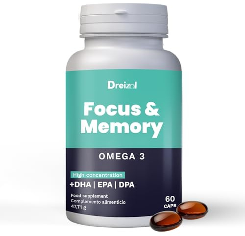 Dreizol by Brudy Lab Focus & Memory – Nootropico Concentrato con Omega 3 - Alto Contenuto di DHA - DHA+EPA+DPA+Vitamina A+Luteina+Zeaxantina – Concentrazione e Memoria – Senza caffeina – 60 capsule