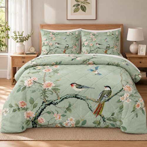 Vögel Blumen Bedruckt Bettdecke 135x200 4 Jahreszeiten, Wende Dekoration Steppdecke Schlafdecke Bettdecke ohne Bezug Waschbar,Warme & Weiche Bettdecken, Ganzjahresdecke 135x200 mit 2 Kissenbezug