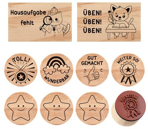 Faccito 9 Stück Holz Lehrer Stempel Motivstempel Set Gummi Stempel Tiere für Schule Schulkind Belohnung Lehrerstempel Geschenke für Lehrertag (Kreativ Stil)