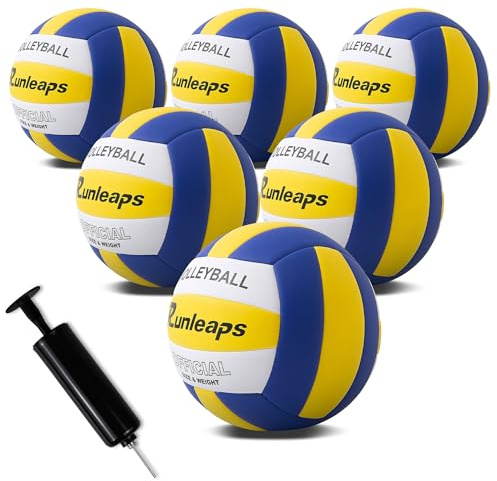 Runleaps 6 Pack Volleyballs, Waterproof Indoor Outdoor Volleyball for Beach Game Gym Training with Pump (Official Size 5,Yellow White Blue)