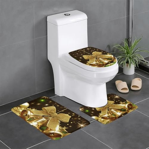 FLYIFE Weihnachts-Badematten-Set mit goldfarbenen Kugeln und Glocken, 3-teilig, Flanell, rutschfest, wasserabsorbierend, Badezimmerteppich-Set mit U-förmigem WC-Vorleger und WC-Deckelbezug