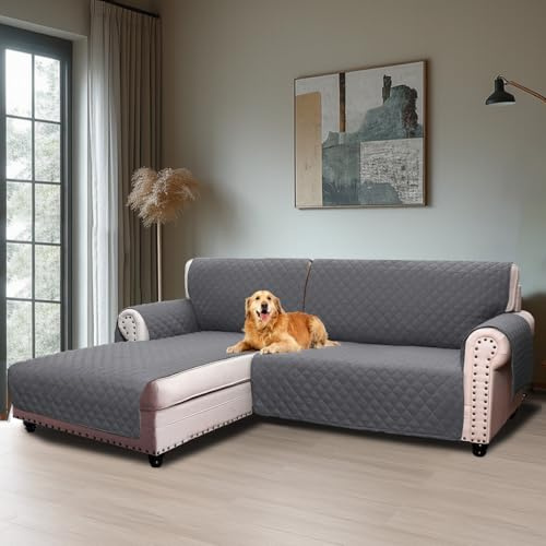BellaHills Sofaüberzug Wasserabweisend rutschfeste Sofaüberwurf Abnehmbar mit Armlehnen Taschen und Gummiband Chaiselongue Linke (205CM) Grau