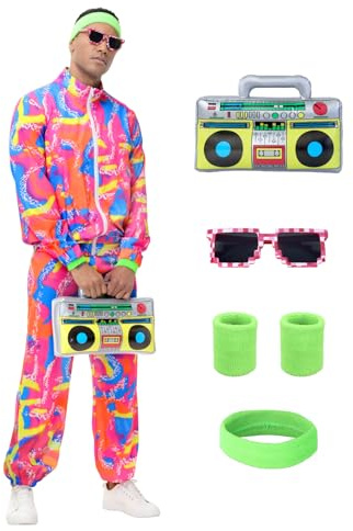 Tosjack Tuta anni '80 per uomo e donna – Costume retrò fluo anni '90, outfit da festa hip hop e sportivo per coppie (L)